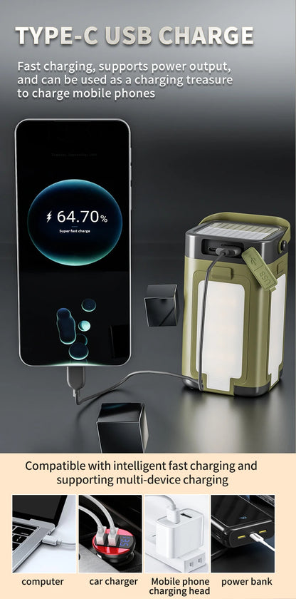 Solar LED Rechargeable Lantern (6 Modes, Power Bank)