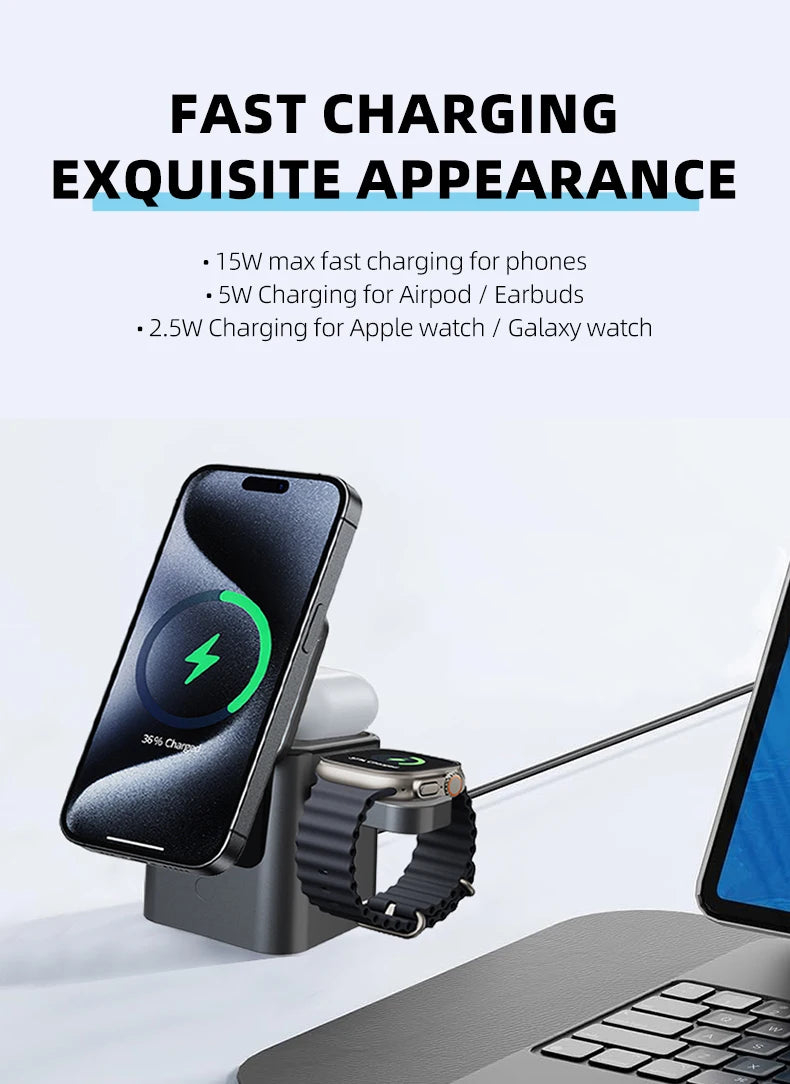Magnetic 3-in-1 Wireless Charging Station (15W)