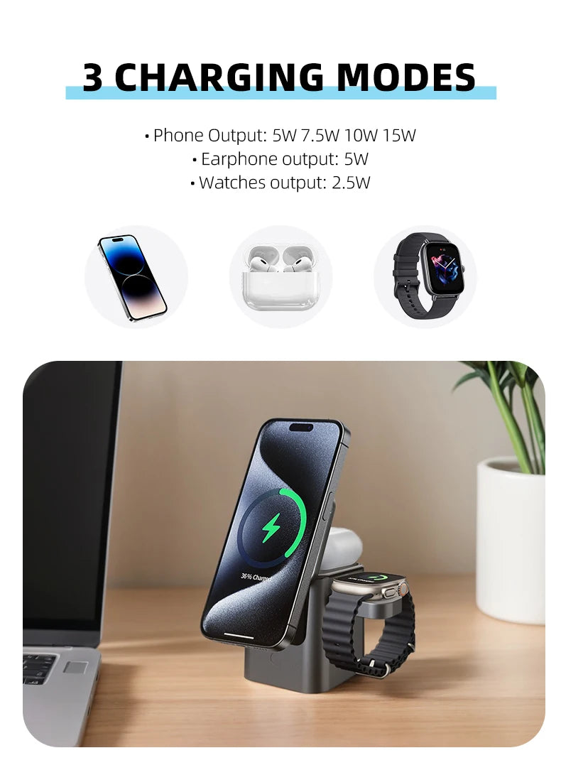 Magnetic 3-in-1 Wireless Charging Station (15W)
