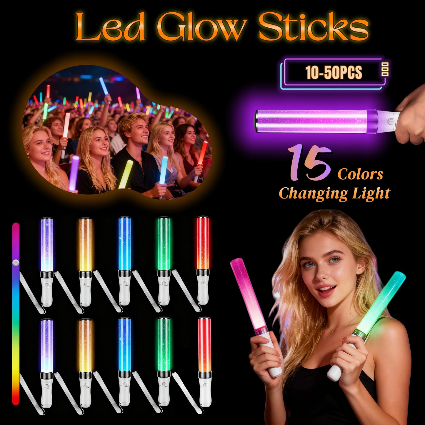 K-Pop Color Changing Lightstick (15 Colors, Reusable)