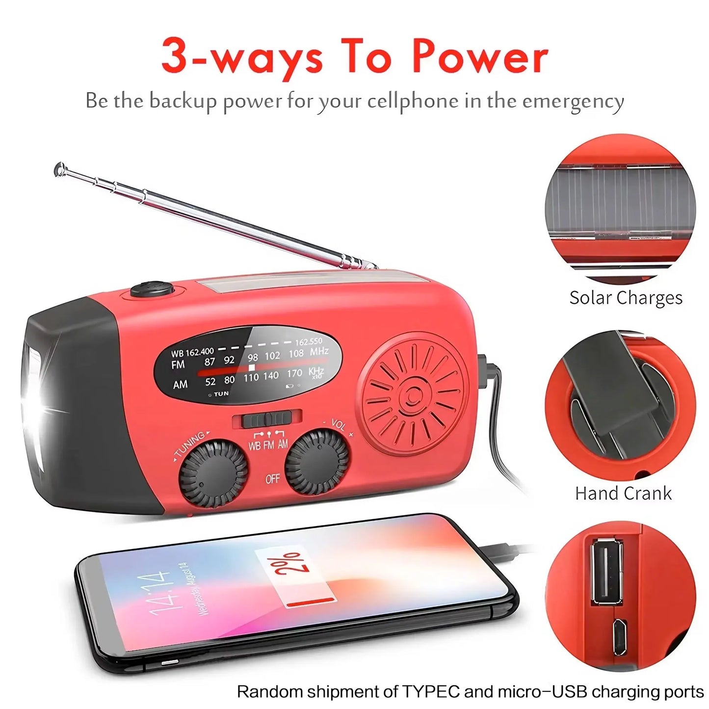 Solar Hand Crank Emergency Radio (AM/FM, Flashlight)